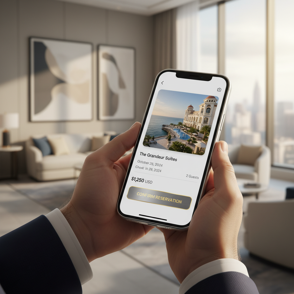 A high-end smartphone displaying a luxury hotel booking app interface with a 'Confirm Reservation' button, held by a person in a sophisticated lounge, soft bokeh background of a modern hotel lobby, 4k resolution, professional photography.