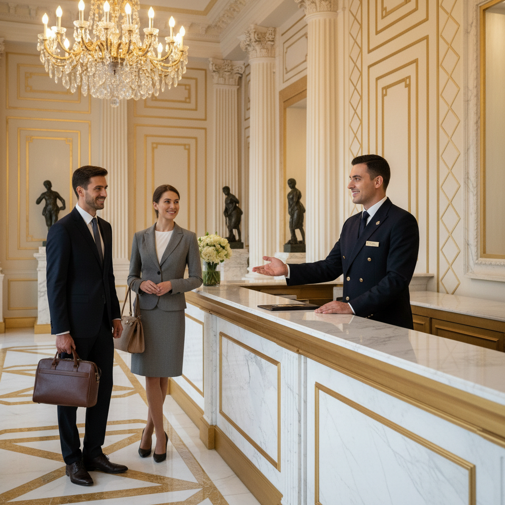 A professional hotel concierge in a sharp uniform welcoming guests at a marble reception desk, elegant interior design with gold accents, warm ambient lighting, high-quality commercial photography.
