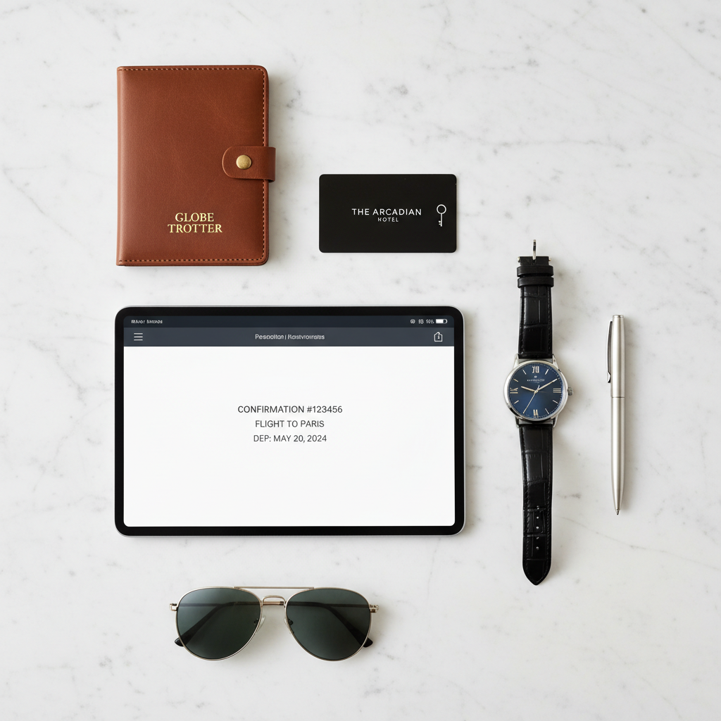 Flat lay of luxury travel items on a white marble surface, including a leather passport holder, a sleek hotel key card, a tablet showing a booking confirmation page, and a designer watch, minimalist aesthetic.