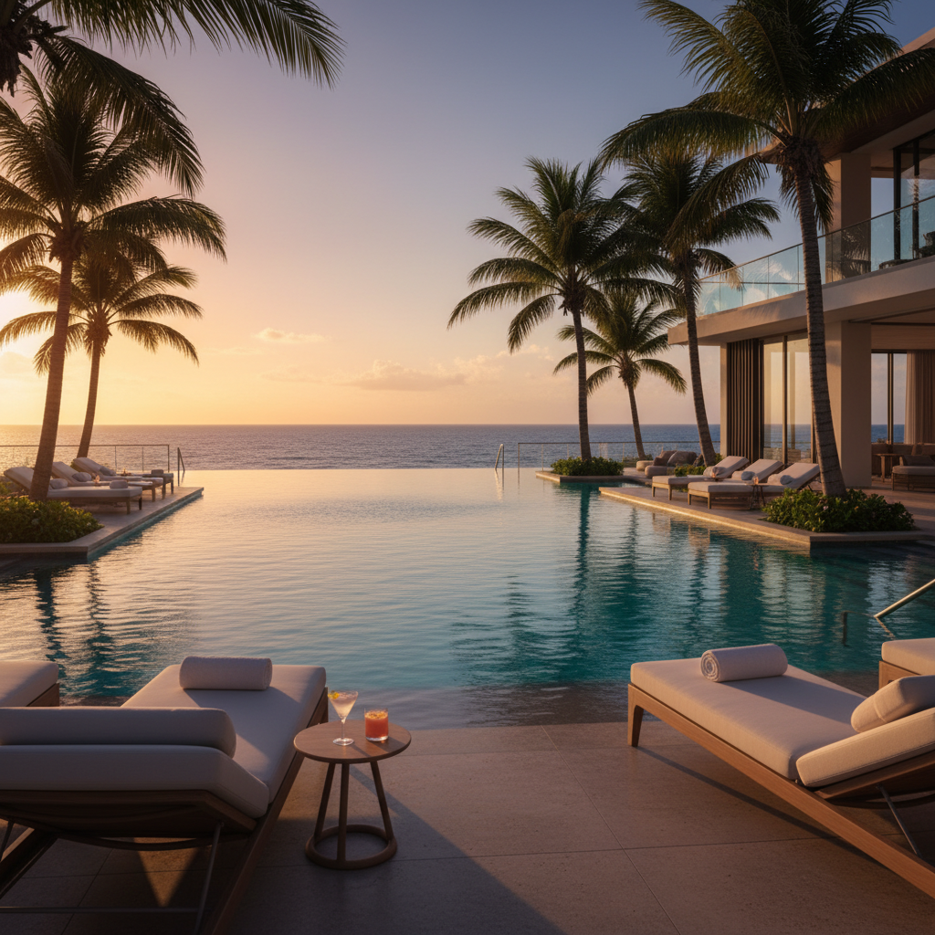 A serene infinity pool at a luxury beach resort during the golden hour, turquoise water blending with the ocean horizon, palm trees, sun loungers, and a high-end vacation vibe.