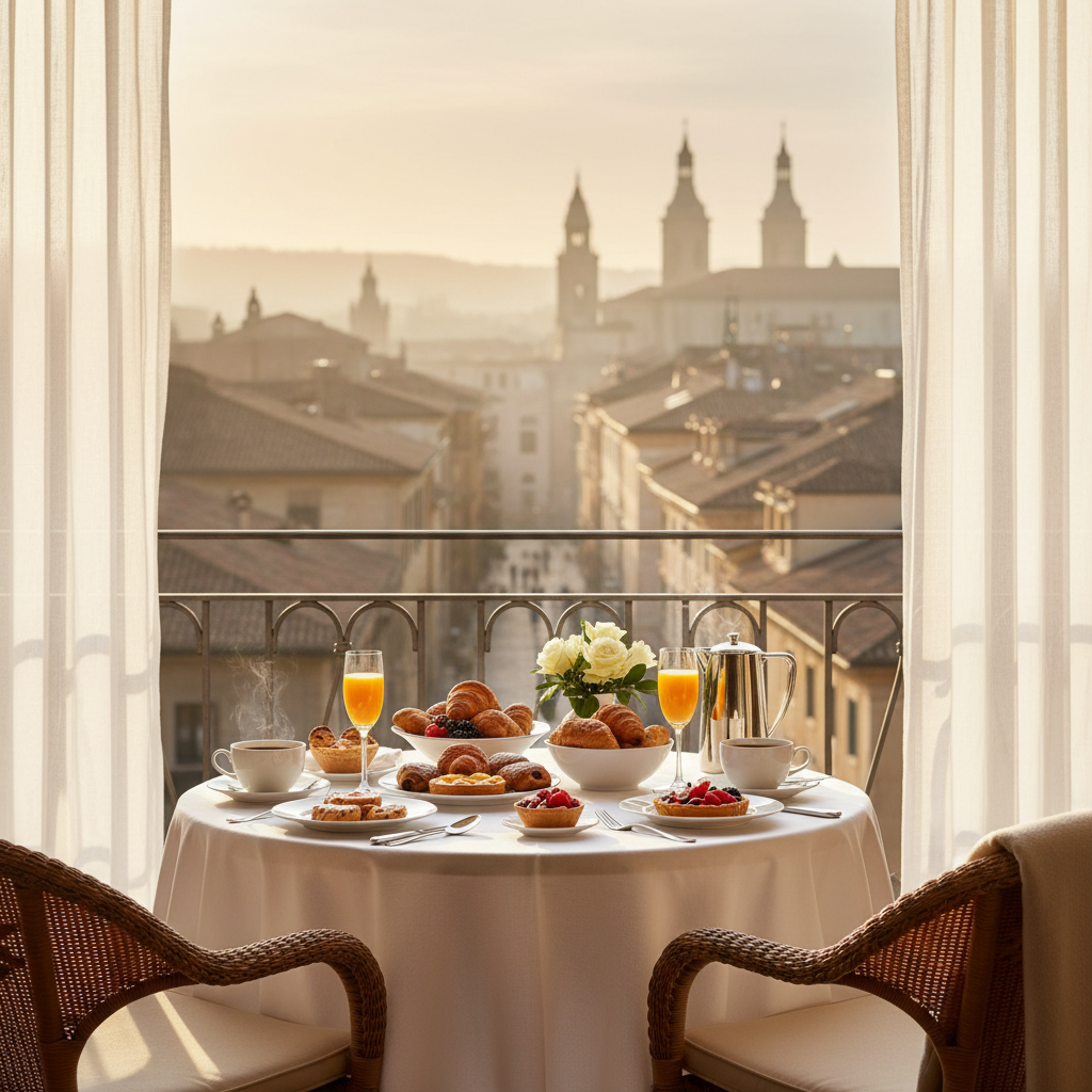 A cozy and elegant hotel breakfast setup on a private balcony overlooking an old European city, fresh pastries, steaming coffee, white linen, and soft morning sunlight, lifestyle photography.