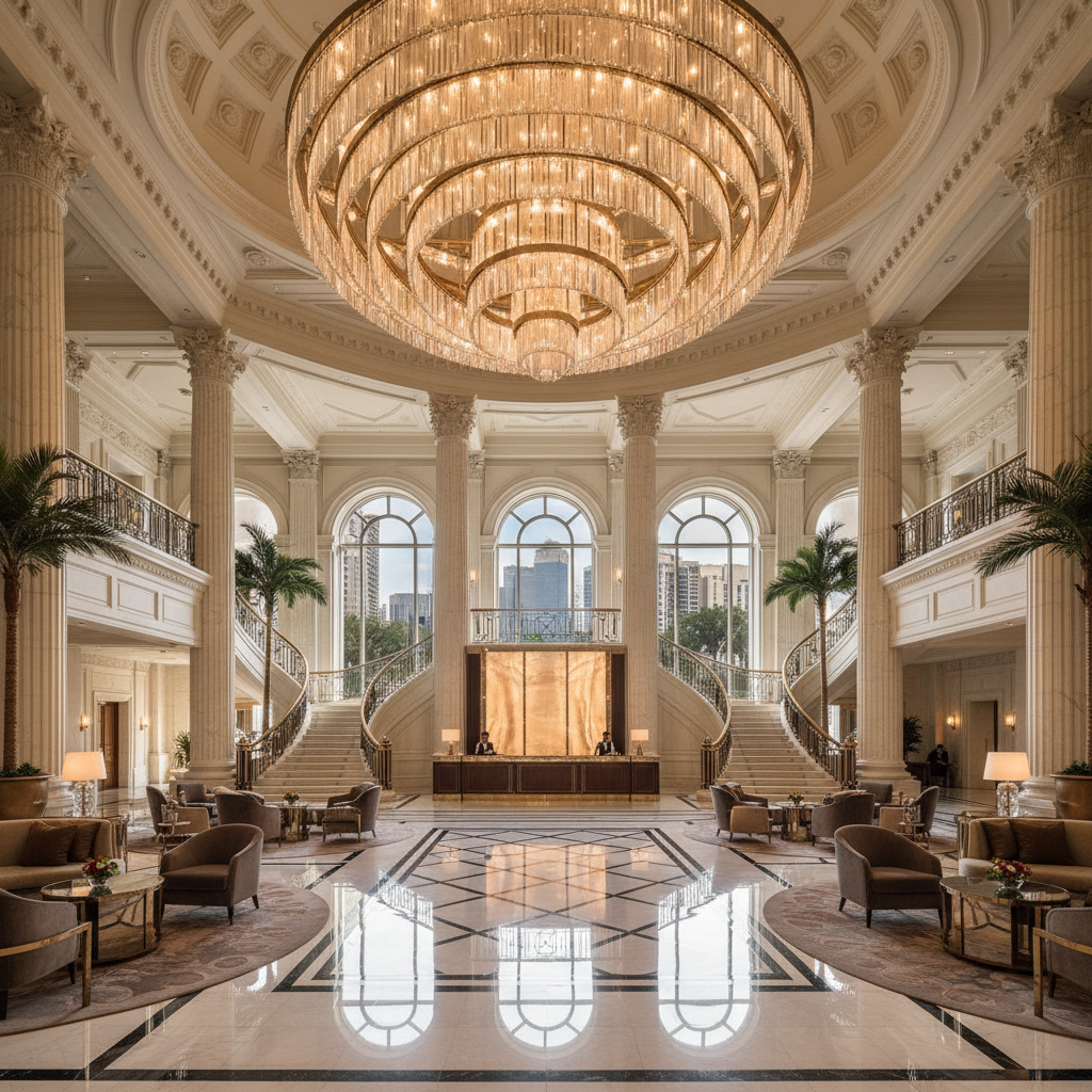 A wide-angle shot of a grand hotel lobby featuring a massive crystal chandelier, symmetrical architecture, polished marble floors, and a sense of extreme luxury and space.